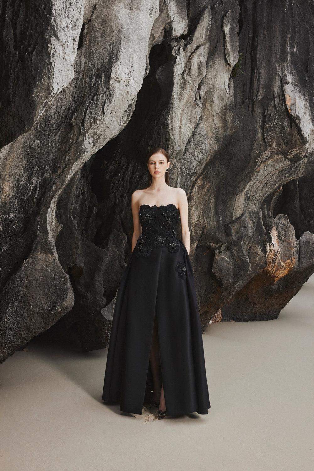 Strapless Front Slit With Embroidery Pattern Dress